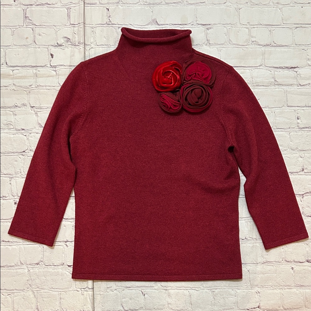Carlisle Deep Red Cashmere Silk Blend 3/4 Sleeve Rose Embellished Sweater Small